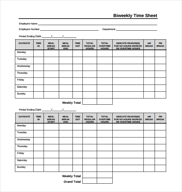 Free Printable Time Sheets Bi Weekly