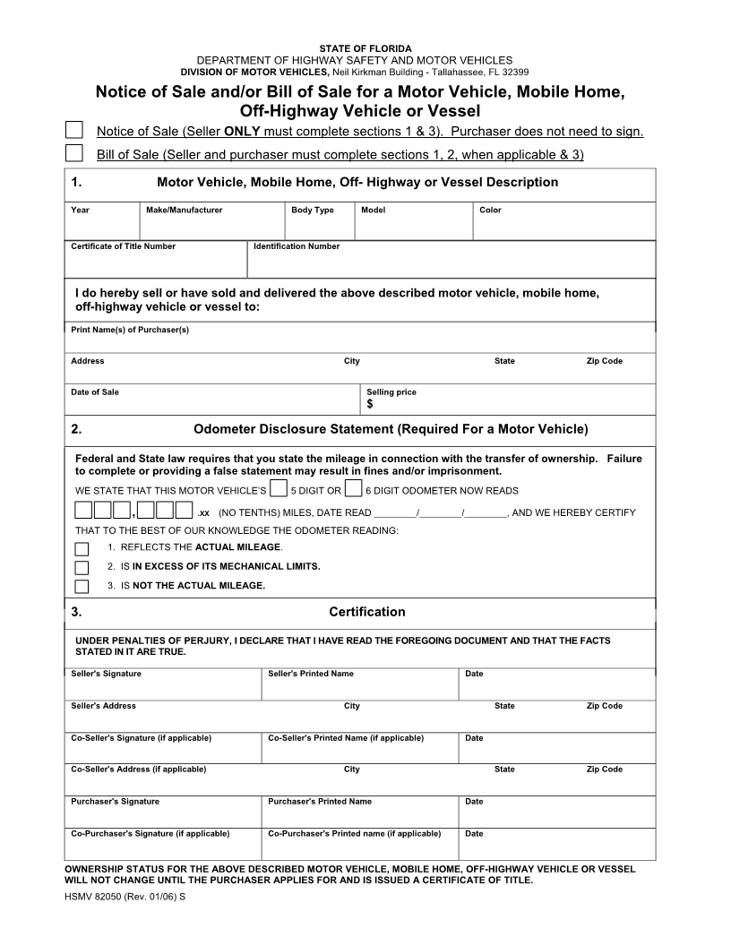 Free Florida DMV (Vehicle) Bill of Sale Form | PDF | Word (.doc)