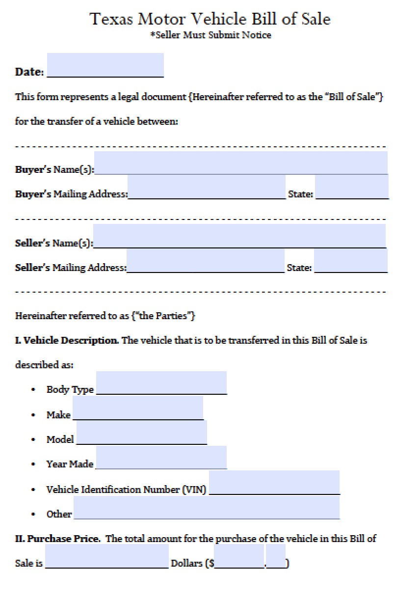 Printable Bill Of Sale For Vehicle In Texas | shop fresh