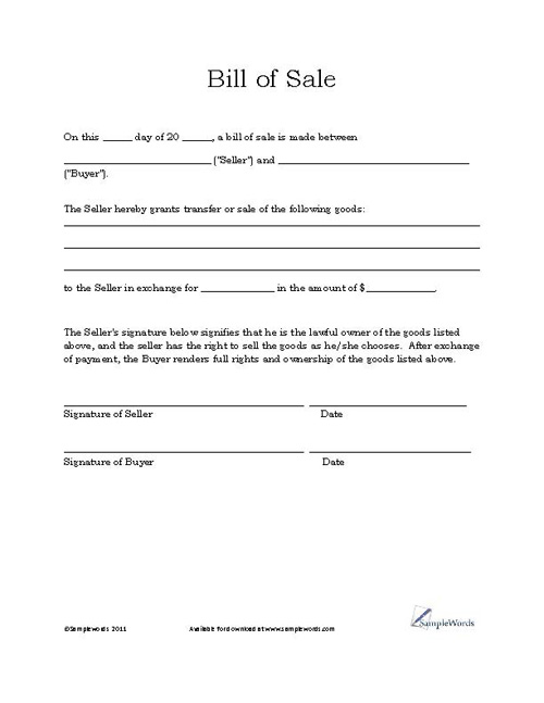 Basic Bill of Sale Template   Printable Blank Form   Microsoft Word
