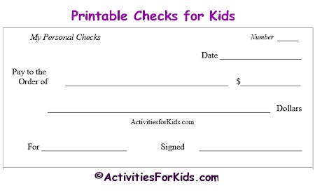 Blank Checks Template   Printable Play Checks for Kids 