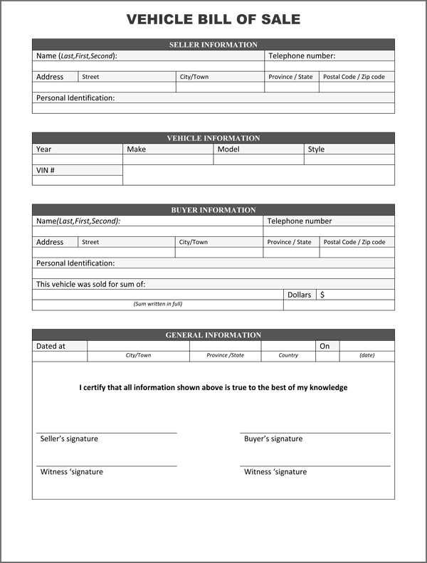 Vehicle Bill Of Sale Form