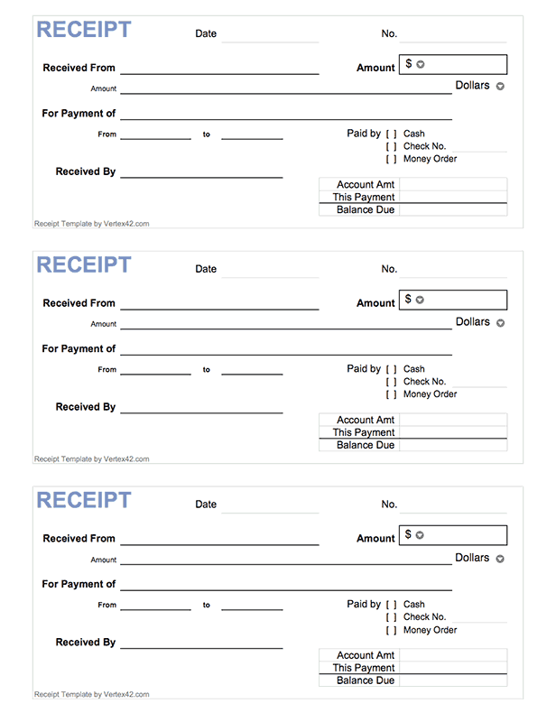 Free printable Cash Receipt Form (PDF) from Vertex42.| Home 