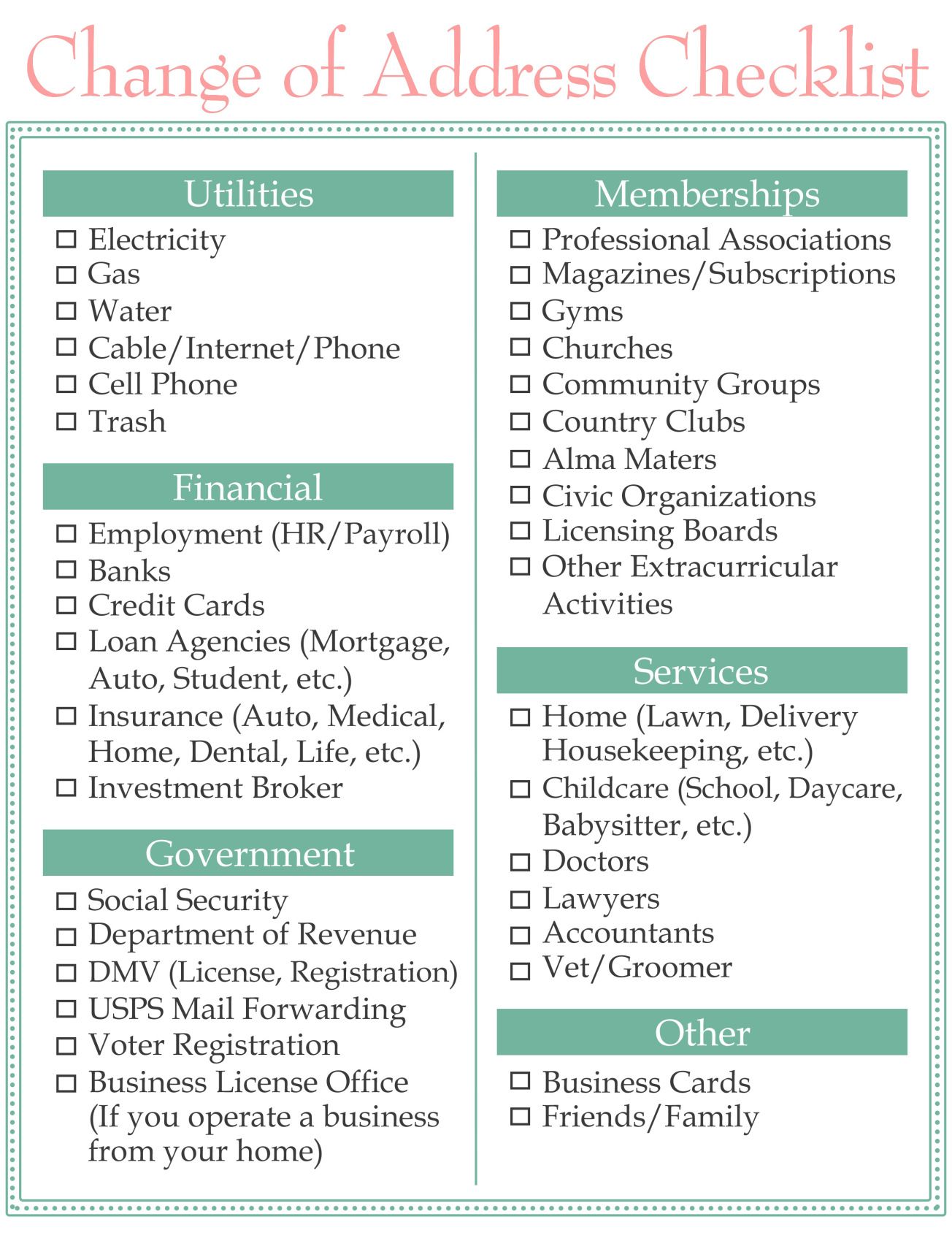 Moving Change Of Address Checklist Printable Printable Word Searches