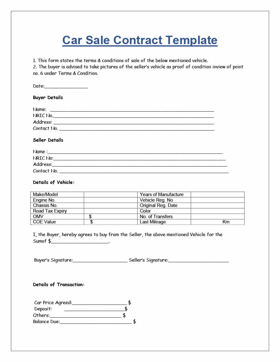 42 Printable Vehicle Purchase Agreement Templates   Template Lab