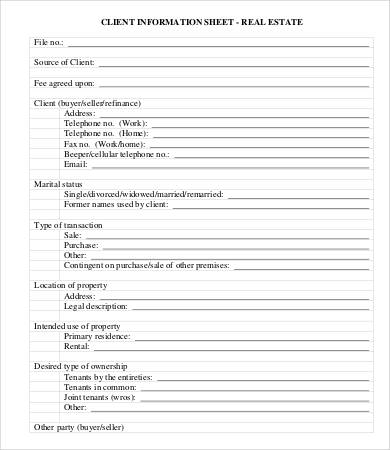 Client Information Worksheet Template