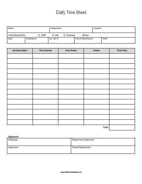 Daily Time Sheet   Free Printable   AllFreePrintable.com