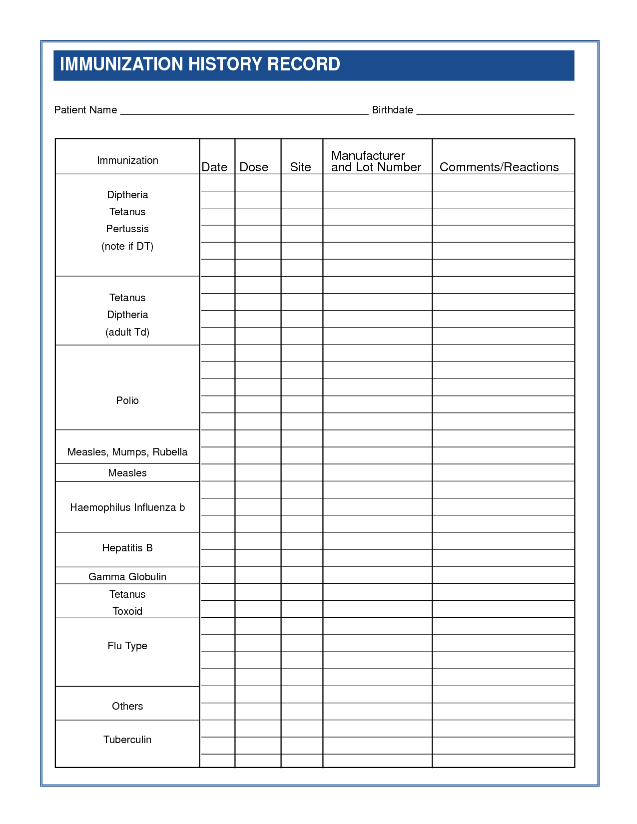 Blank Dog Shot Record Form Free Printable