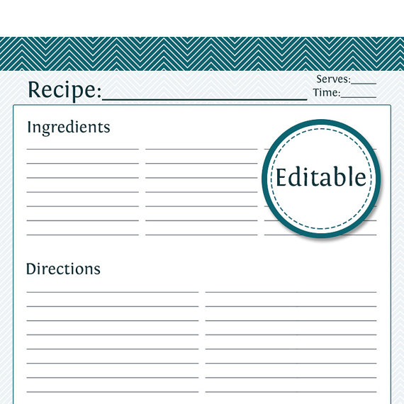 Recipe Card, Full Page   Fillable   Printable PDF   Instant 