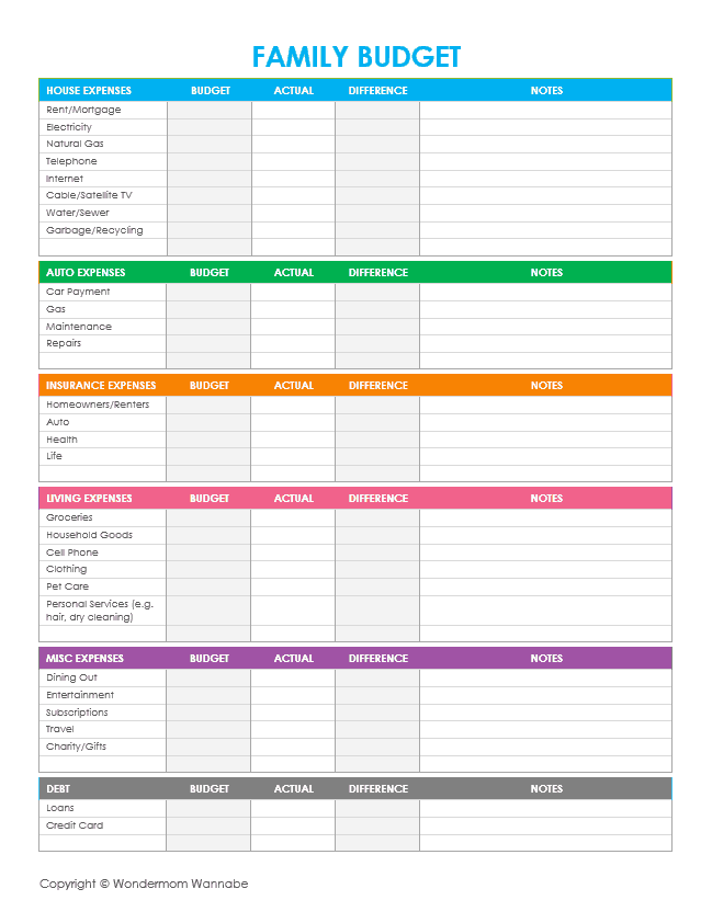 Free Printable Family Budget Worksheets