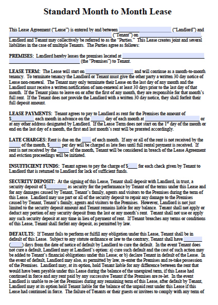 Free Month to Month Rental Lease Agreement Templates | PDF | Word