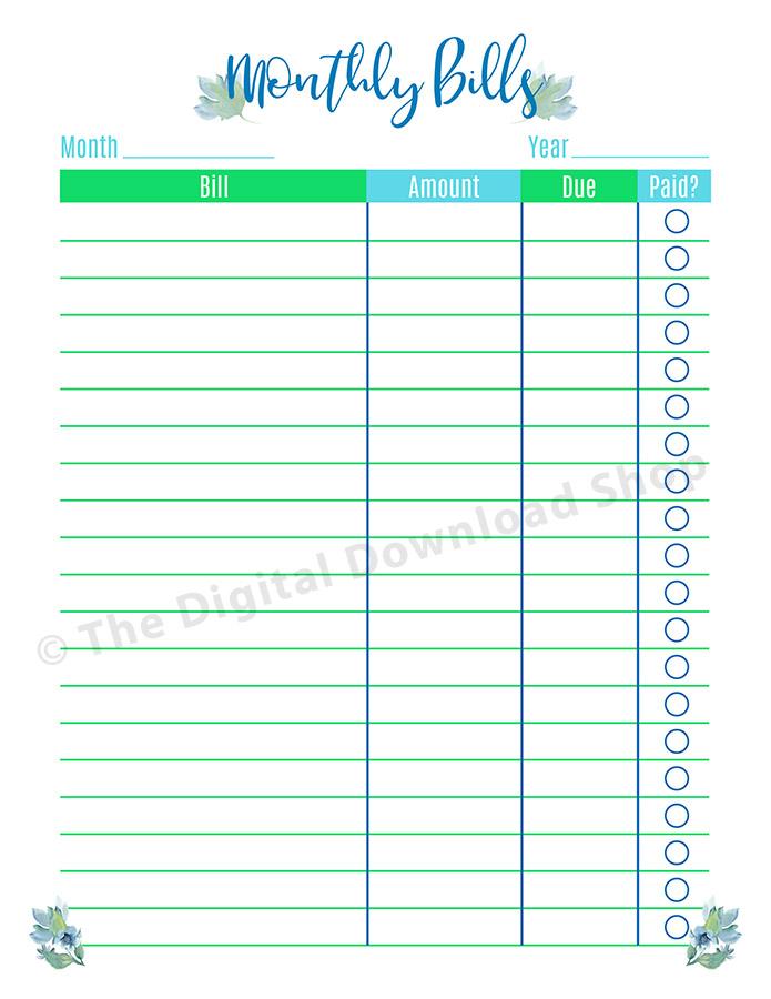 Printable Monthly Bill Tracker shop fresh