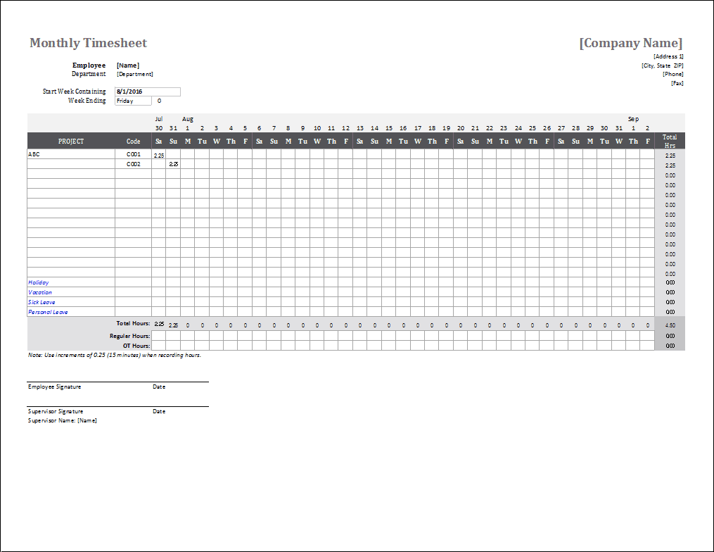 Monthly Timesheet Template for Excel