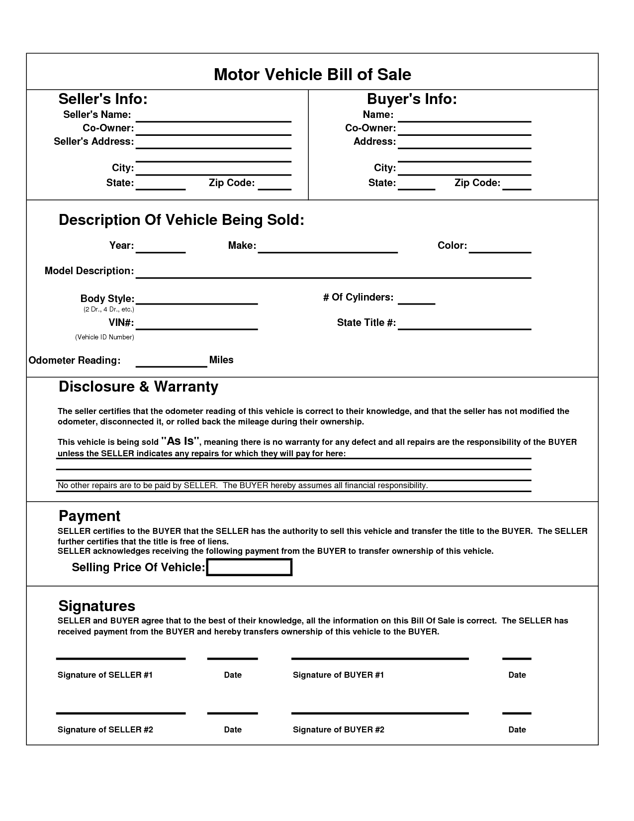 Printable car Bill of Sale PDF | Bill of Sale for Motor Vehicle 