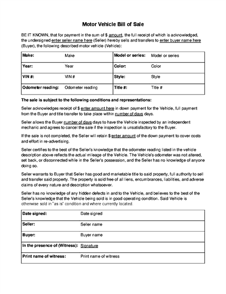 Motor vehicle bill of sale