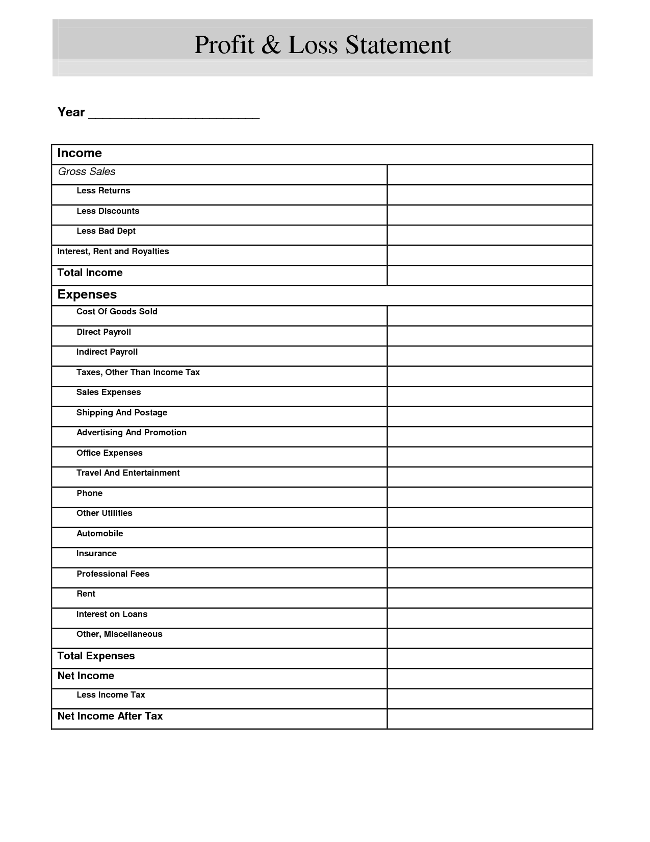 Business Profit And Loss Statement Form