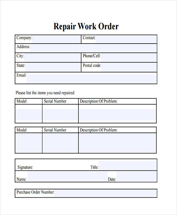 Auto Repair Order Template