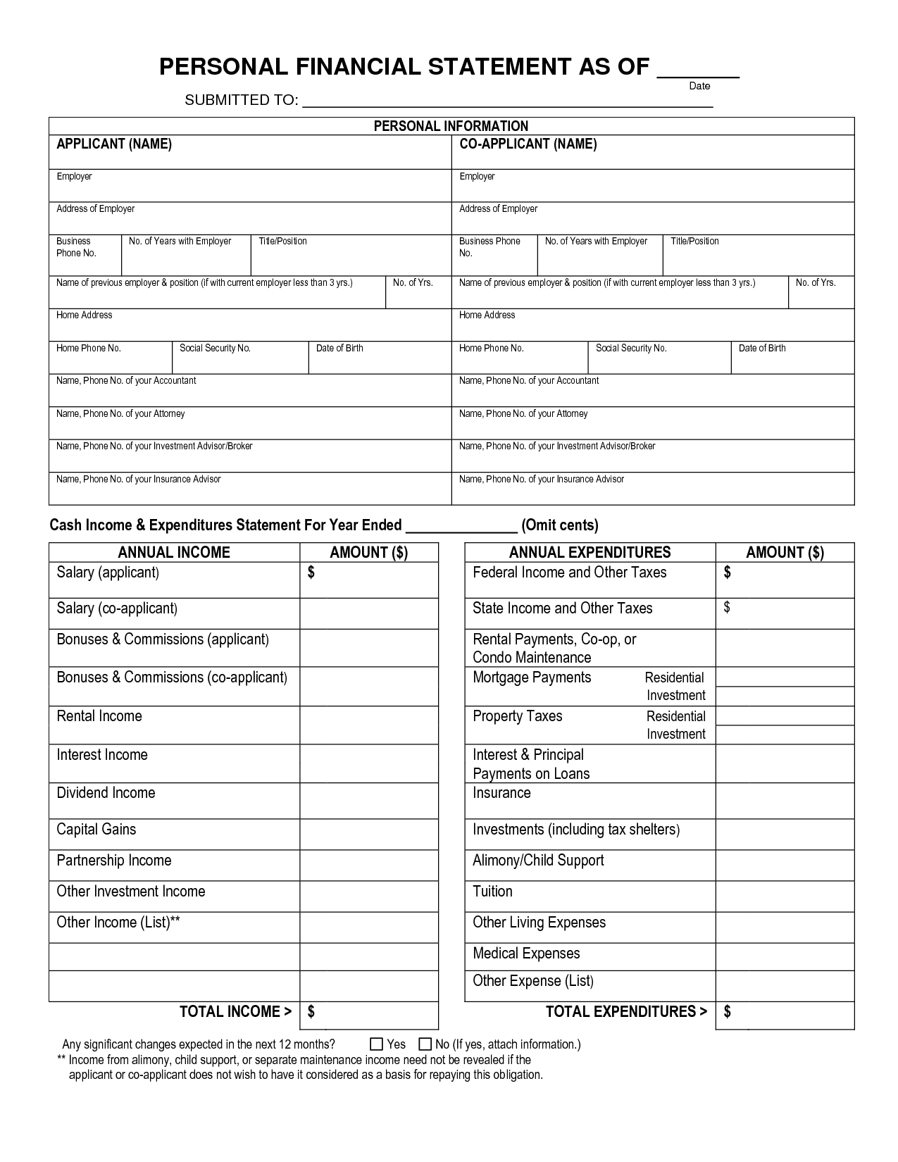 Free Printable Personal Financial Statement | Blank Personal 