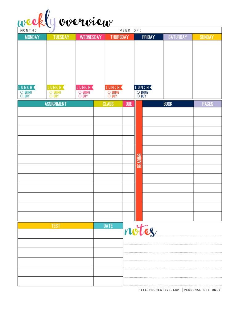 Printable Weekly Student Planners