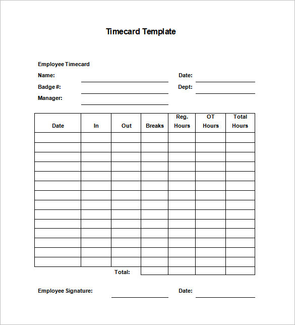 Free Printable Timecard Template