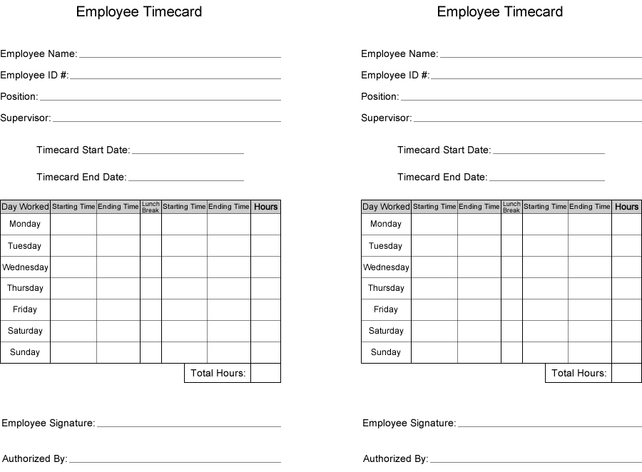 Free Time Card Template Printable Employee Time Card Weekly Time 