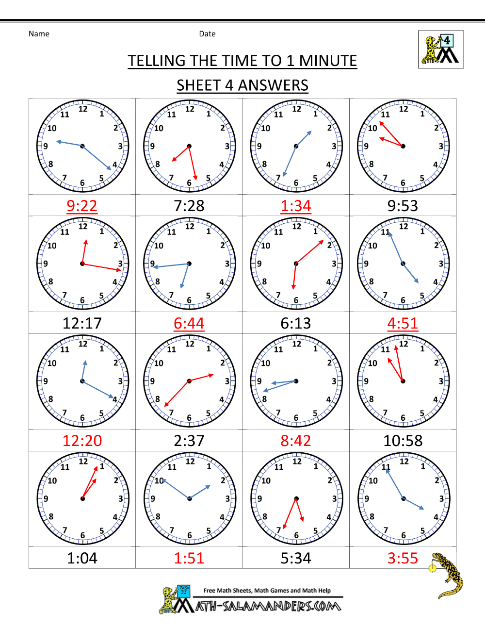 Clock Worksheets   to 1 minute