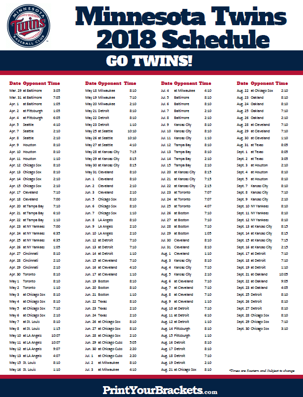 Mn Twins Printable Schedule