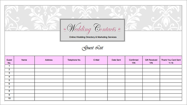 wedding planner guest list printable