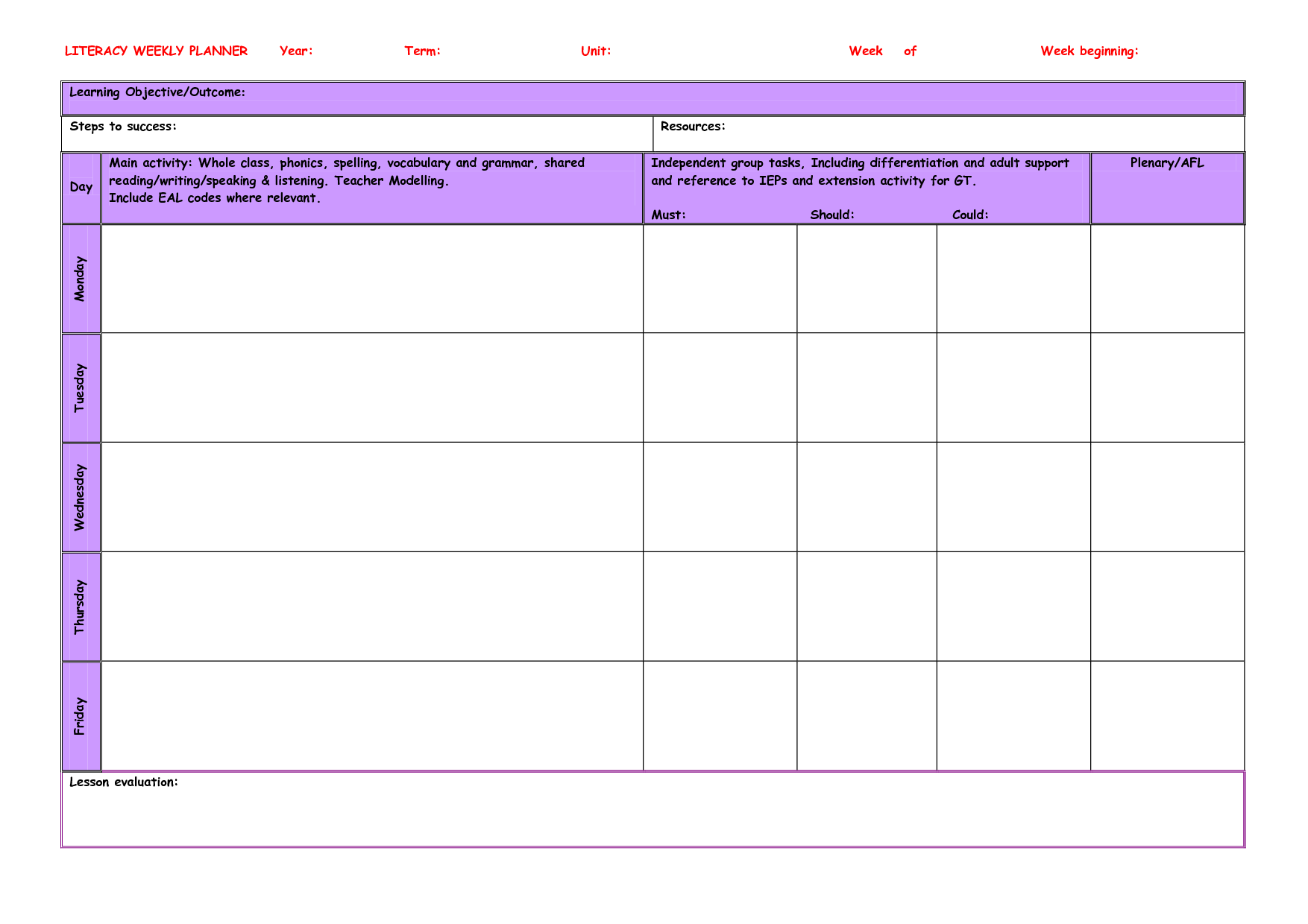 Free Printable Weekly Planner For Teachers