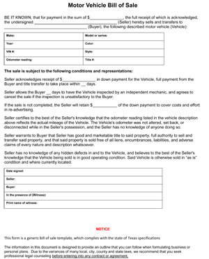 Free Texas Motor Vehicle Bill of Sale Form | PDF | Word (.doc)