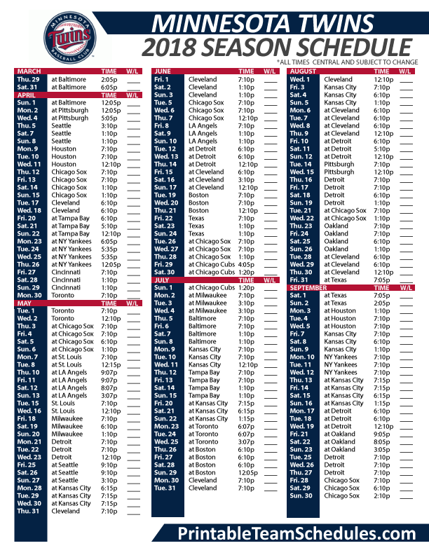 2018 Printable Minnesota Twins Schedule