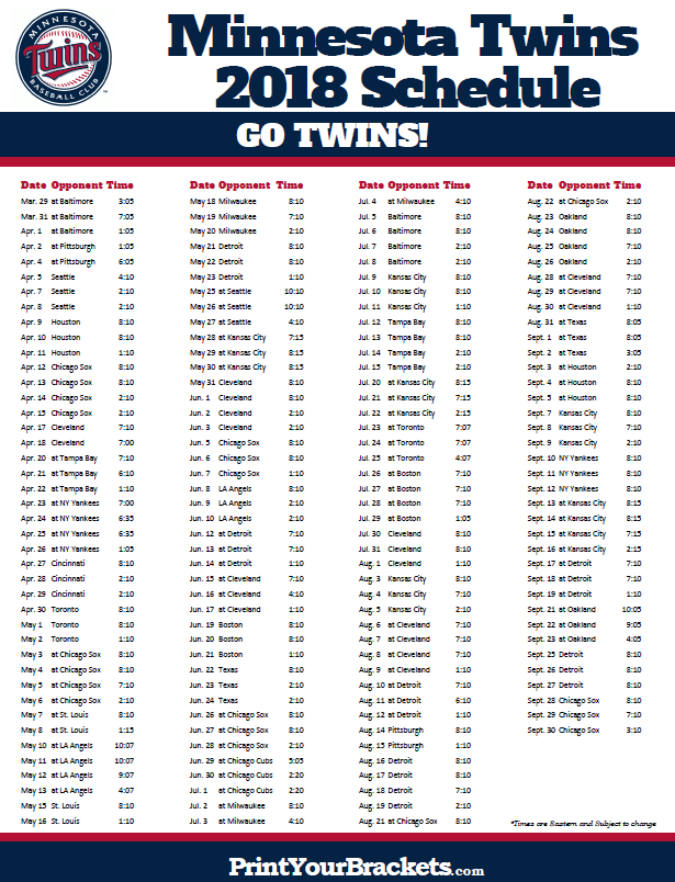 Printable Minnesota Twins Baseball Schedule 2018