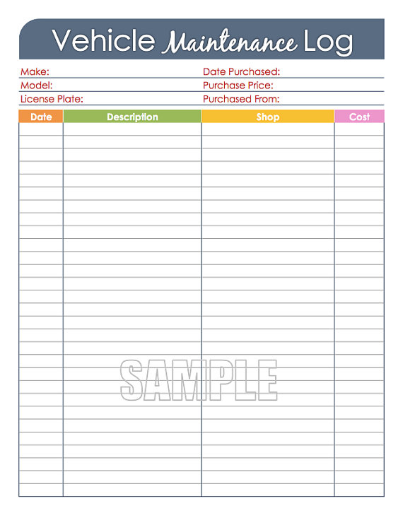 Vehicle Maintenance Log   Car Maintenance Log, Editable Printable 