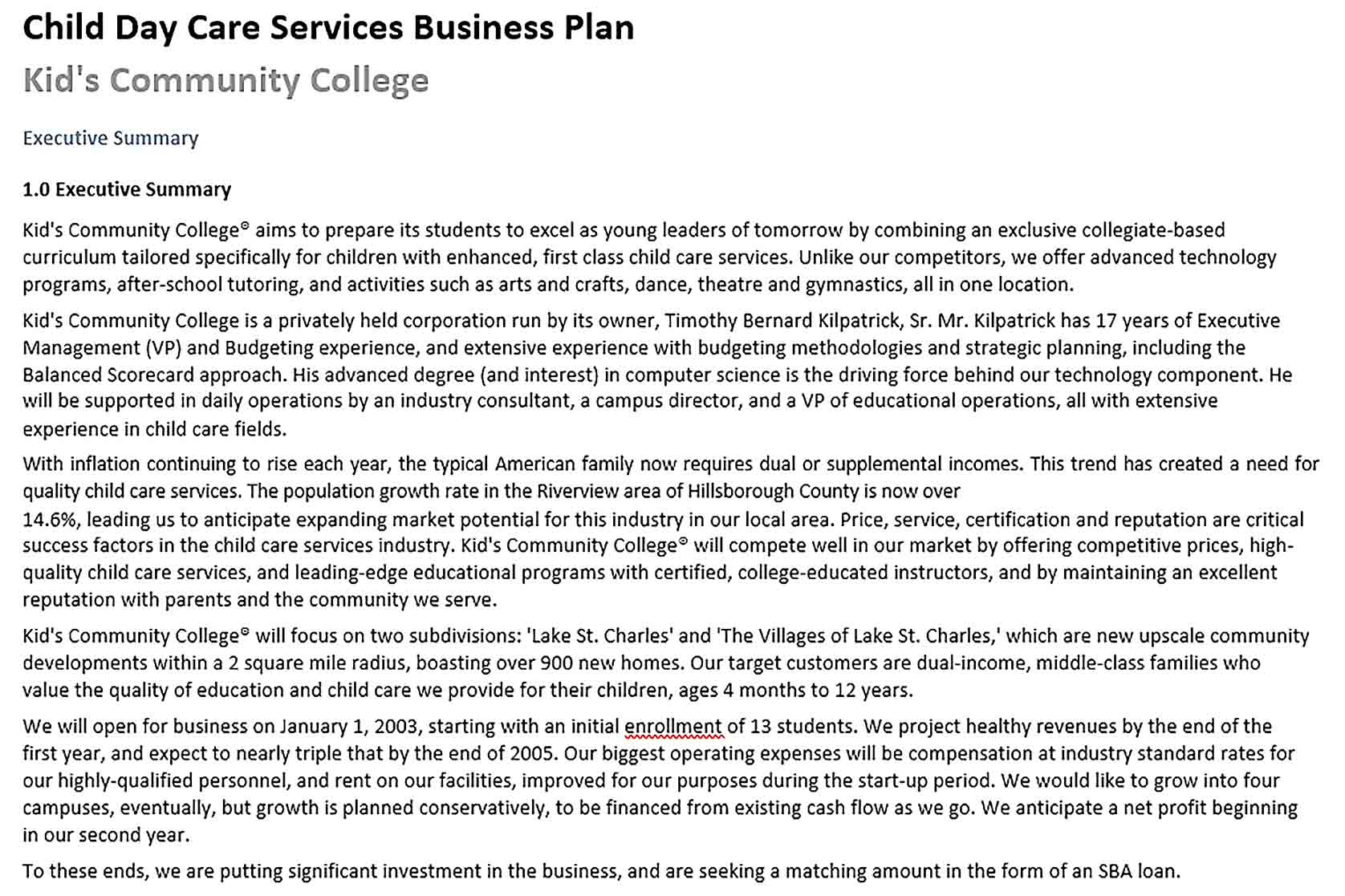 Business Plan Daycare Template