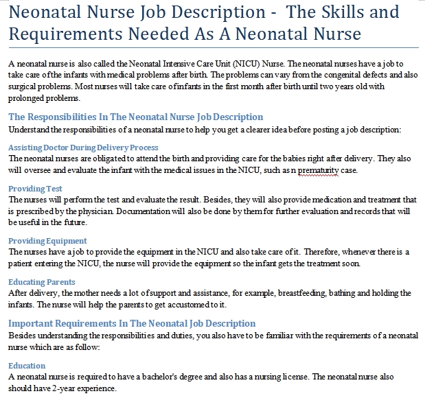 Job duties for a neonatal nurse