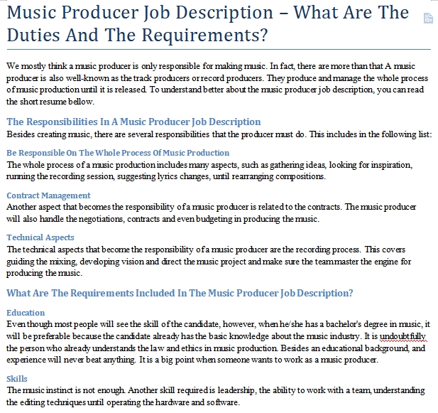 Music producer job description uk