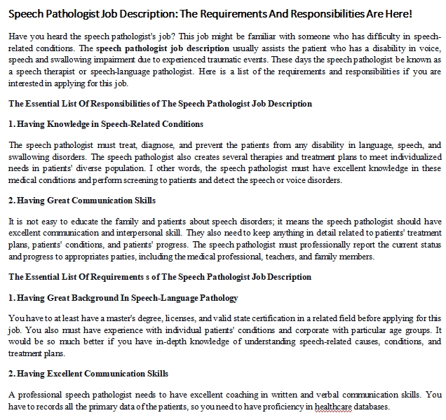 Speech Pathologist Job Description The Requirements And