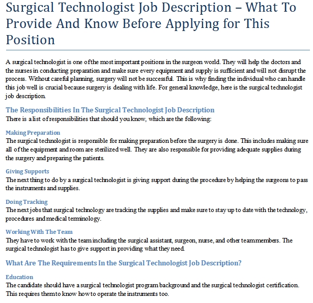 Surgical tech first assistant job description