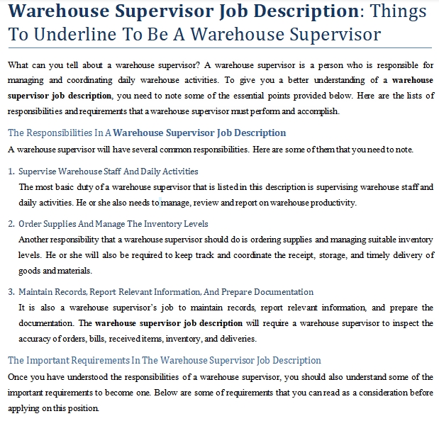 Warehouse Supervisor Job Description Things To Underline To Be A 