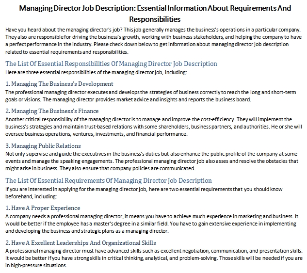 Pr managing director job description