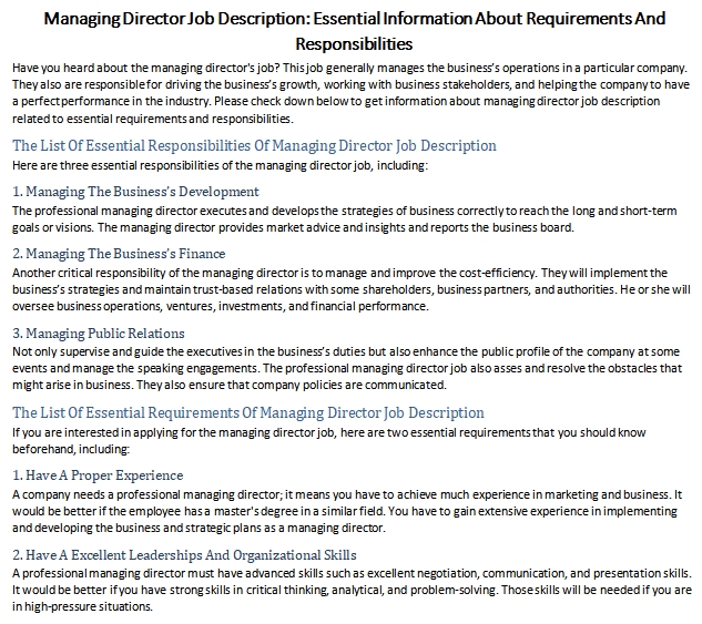 Managing Director Job Description Essential Information About Requirements And Responsibilities 4792