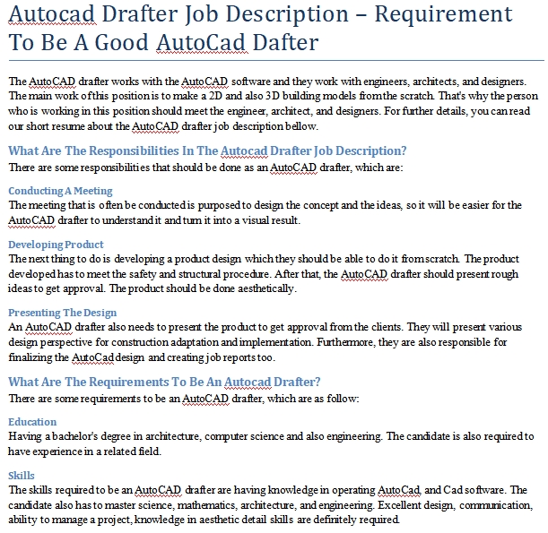 Autocad Drafter Job Description Requirement To Be A Good AutoCad 