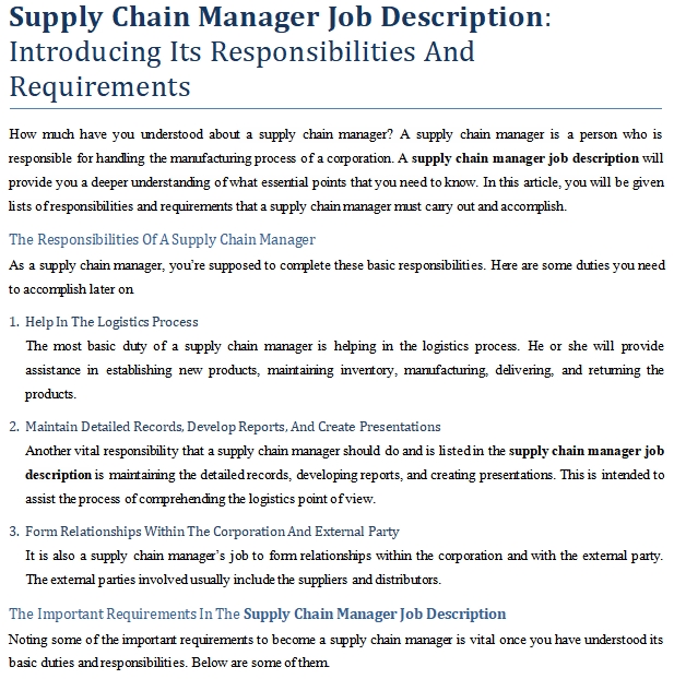 Job description of a supply chain manager