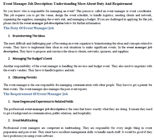 event manager job description sample