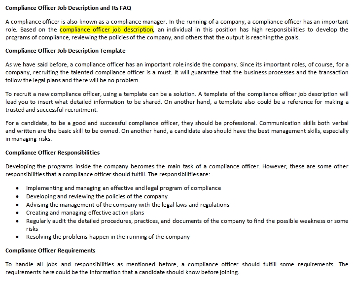 Cra compliance officer job description