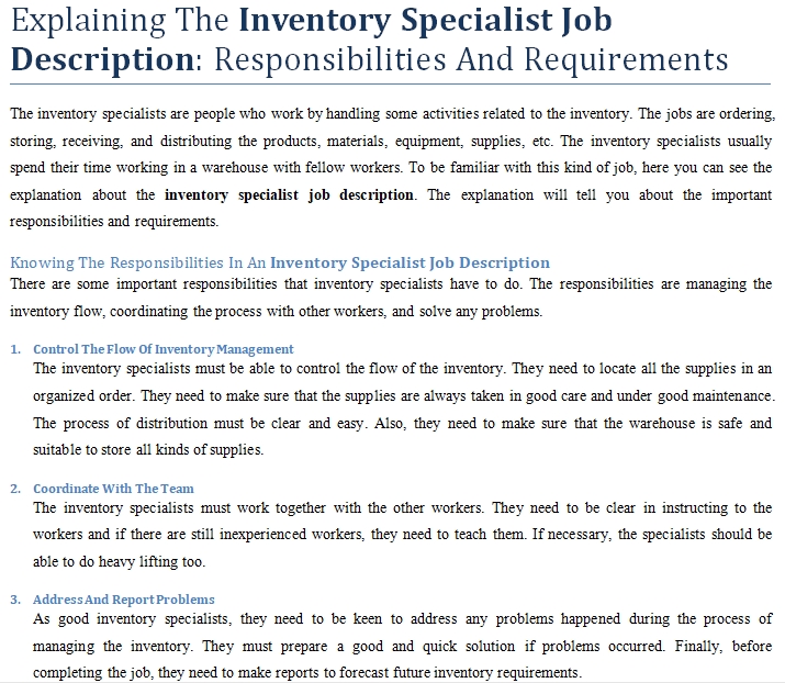 Explaining The Inventory Specialist Job Description Responsibilities 