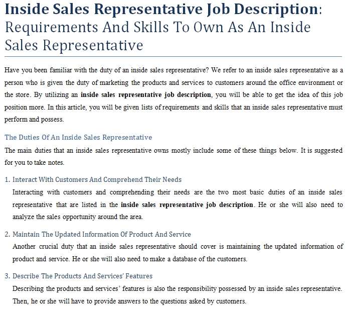 Job profile of inside sales representative