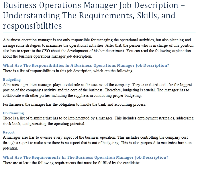 Business Operations Manager Job Description – Understanding The