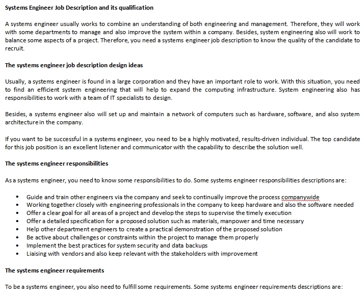 System Application Engineer Job Description