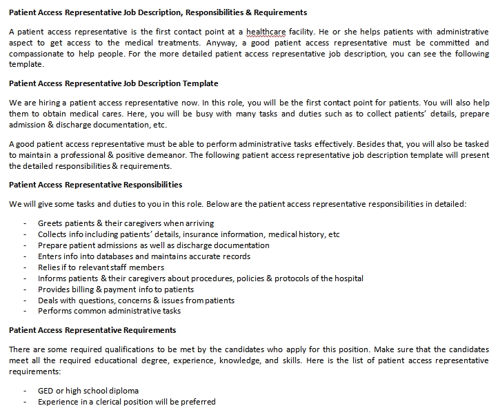 Patient Access Representative Job Description, Responsibilities